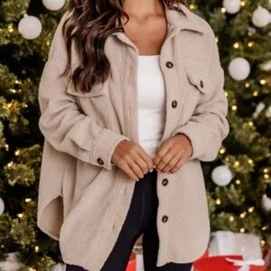 Pink Lily Wonderful Soul Beige Sherpa Shacket